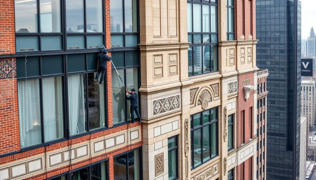 A wide, detailed view of a building facade being cleaned by a team of professional window washers using a specialized Trodatec cleaning system. The facade is a mix of brick, stone, and glass, requiring different techniques for optimal results. In the foreground, workers carefully maneuver extendable poles and squeegees, applying cleaning solutions and scrubbing the surfaces. The middle ground shows the building's architectural details, with intricate patterns and textures. In the background, a cityscape with other high-rise buildings sets the scene. Soft, diffused lighting illuminates the scene, creating a serene and professional atmosphere.