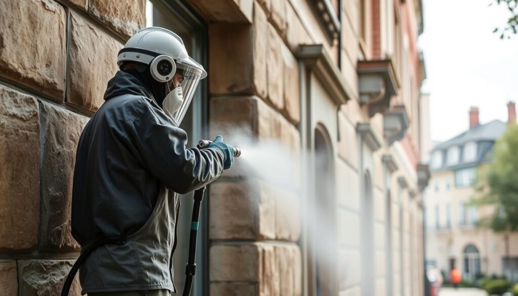 Detailed image of an environmentally-friendly facade cleaning process. A worker using a Trodatec steam cleaning system to gently remove dirt and grime from a stone or brick building exterior. Soft, diffused natural lighting illuminates the scene, highlighting the steam and mist. The worker wears protective gear and uses specialized equipment to minimize water usage and chemical runoff. The building facade appears clean and rejuvenated, with no visible damage. The background shows a pleasant urban setting, suggesting a residential or commercial district. An example of sustainable maintenance practices for preserving historic architecture.