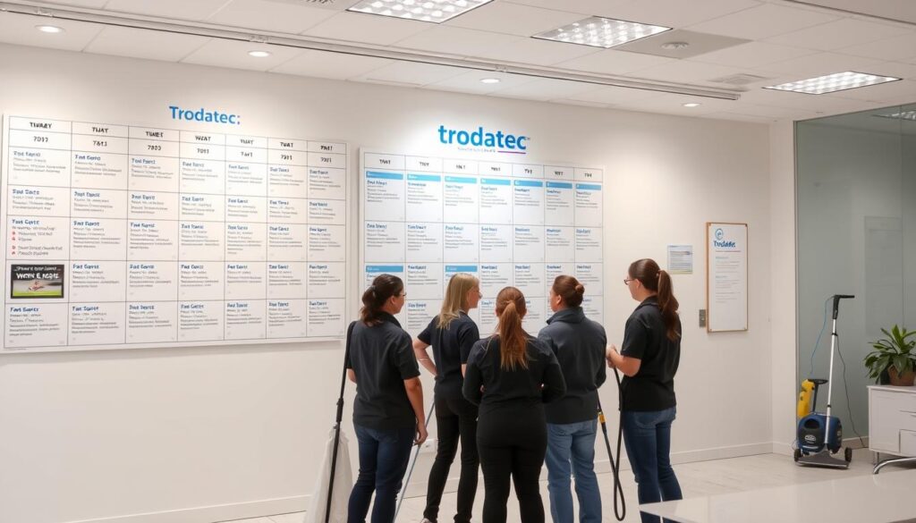 Detailed planning of a professional cleaning service. A bright, airy office setting with a large calendar on the wall, showcasing the schedule of upcoming cleaning appointments. The Trodatec logo prominently displayed, signifying the efficient and organized nature of their operations. In the foreground, a team of cleaners reviewing the day's agenda, discussing logistics and ensuring everything is prepared for the day's tasks. The atmosphere is one of focused productivity, with clean lines, neutral tones, and a sense of anticipation for the work to come.