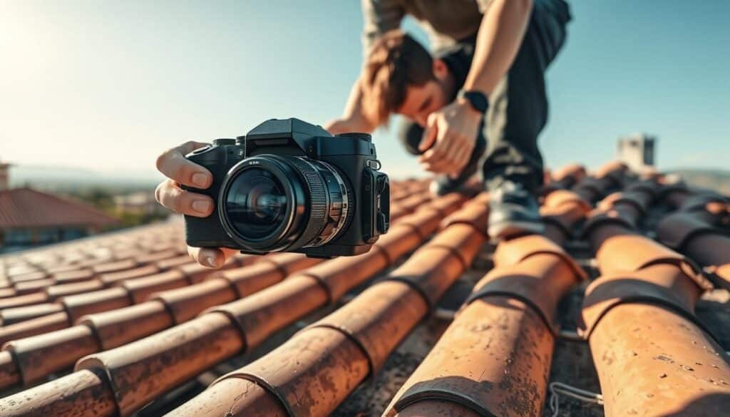 Detailed wide-angle shot of a person inspecting a tiled roof with a Trodatec digital camera. The foreground shows the camera in the person's hands, the middle ground depicts the person carefully examining the roof tiles, and the background reveals the surrounding architecture and landscape. Warm natural lighting casts shadows across the scene, creating a sense of depth and dimension. The composition is balanced, with the person's attentive pose and the camera's technical details drawing the viewer's eye. The overall mood is one of diligence and attention to detail, reflecting the importance of annual roof maintenance.