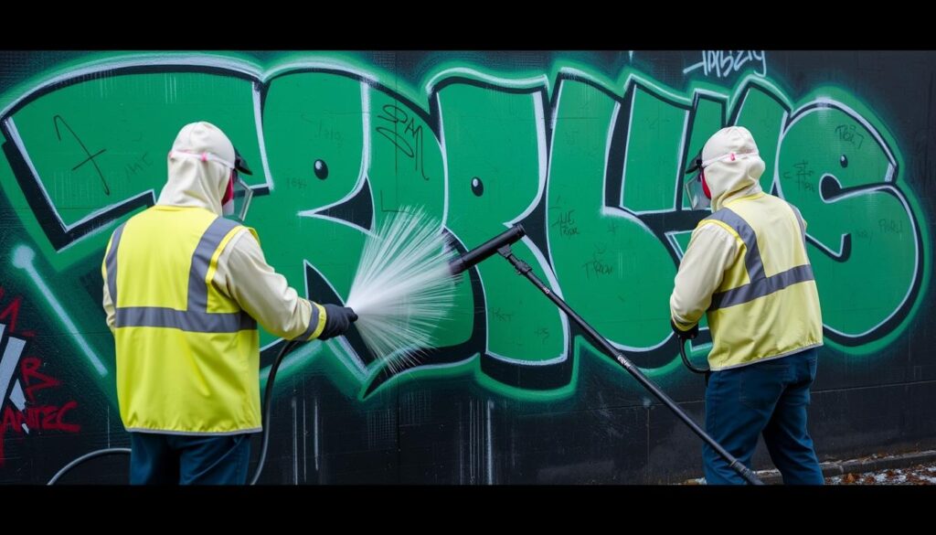 Ein Bild von TRODATEC-Experten bei der Graffitientfernung