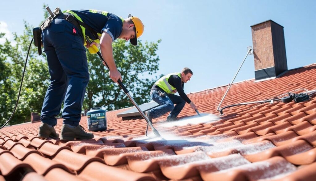 Ein Bild von TRODATEC-Mitarbeitern bei der umweltfreundlichen Dachreinigung