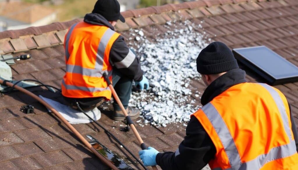 Ein Bild von Trodatec-Mitarbeitern bei Dachreinigungsarbeiten