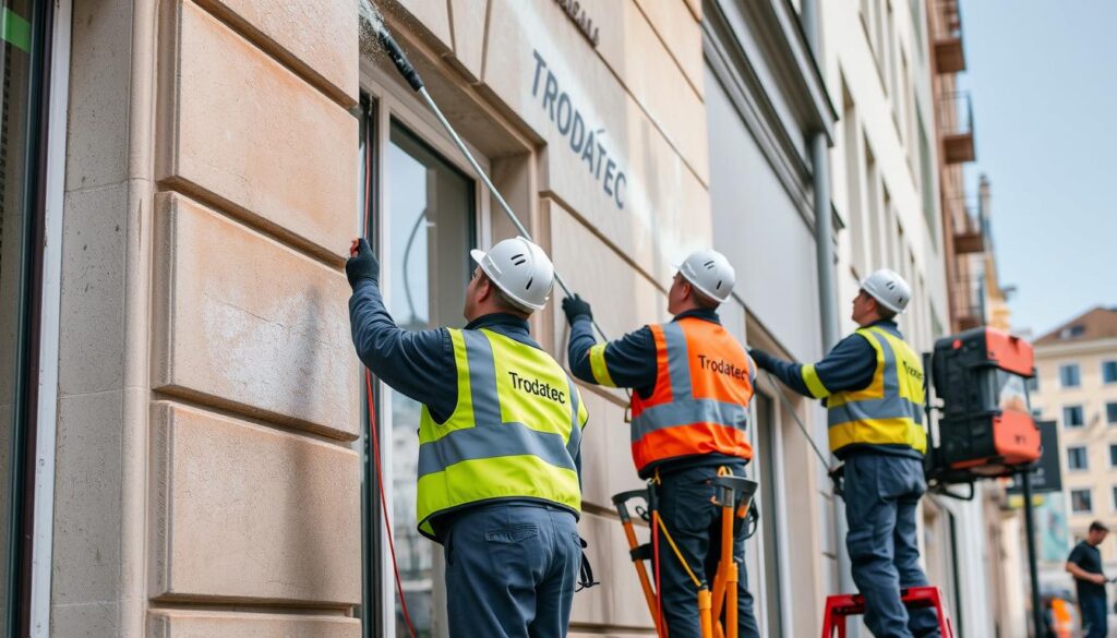Ein Bild von Trodatec-Mitarbeitern bei der Fassadenreinigung