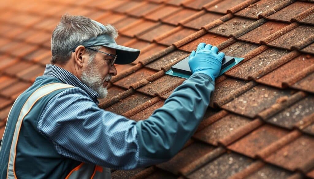 Ein Bild von einem Experten, der ein Dach inspiziert