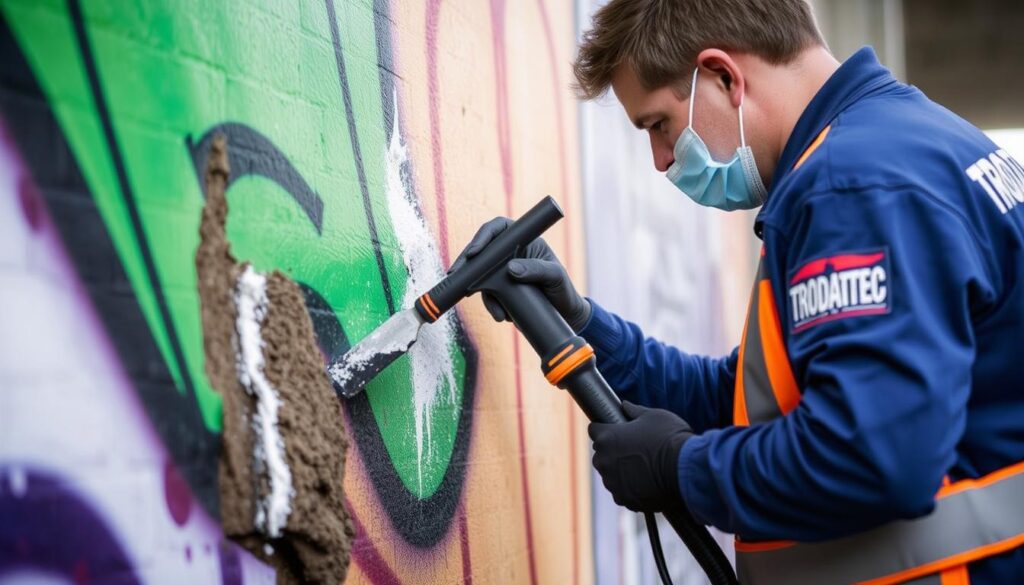 Ein Bild von einem TRODATEC-Mitarbeiter bei der Graffitientfernung