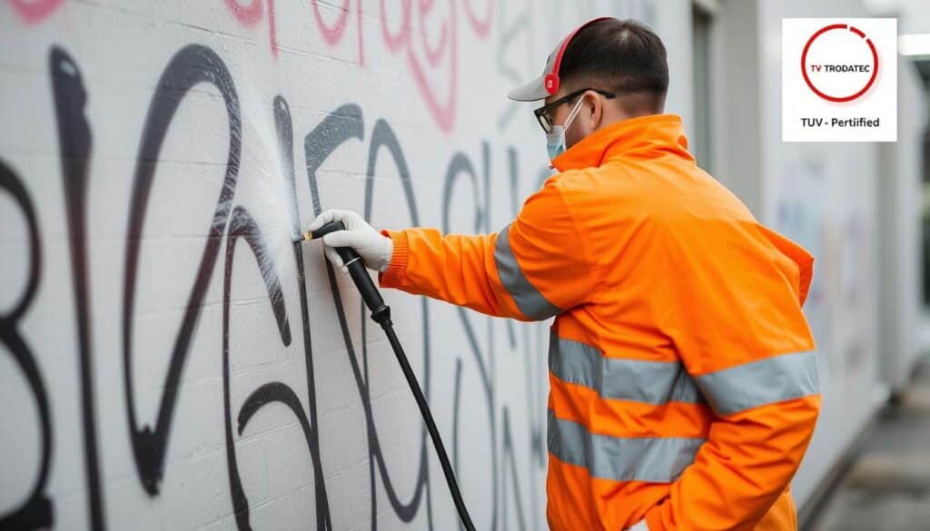 Ein Bild von einem TRODATEC-Mitarbeiter, der ein TÜV-zertifiziertes Graffitischutz-System anwendet.