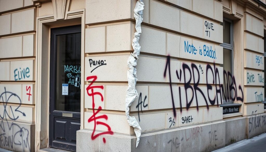 Ein Bild von einer Fassade mit Graffiti, das schnell entfernt wird