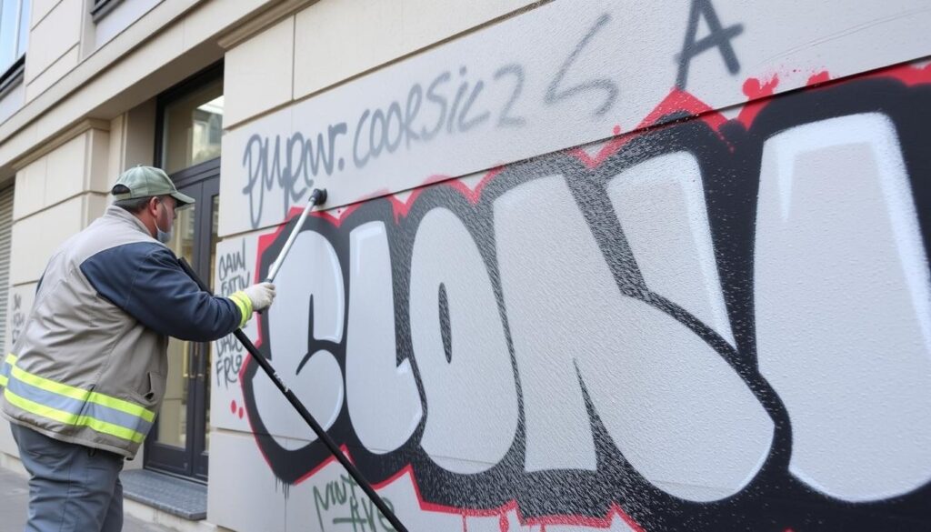 Ein Bild von einer professionellen Graffitientfernung an einer Fassade