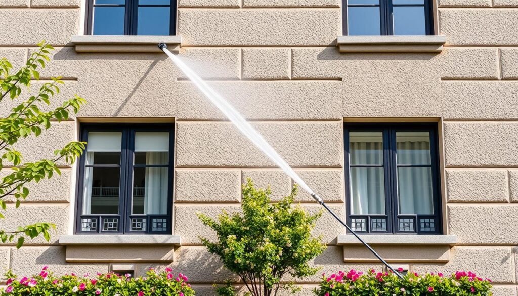 Eine professionelle Fassadenreinigung durch TRODATEC visualisieren