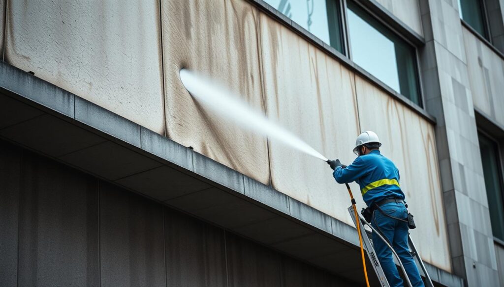 Eine professionelle Reinigungsmannschaft bei der Arbeit an einer verschmutzten Fassade