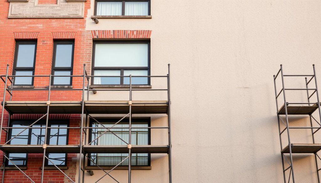 Erzeugen Sie ein Bild von einer sauberen Fassade ohne Gerüst