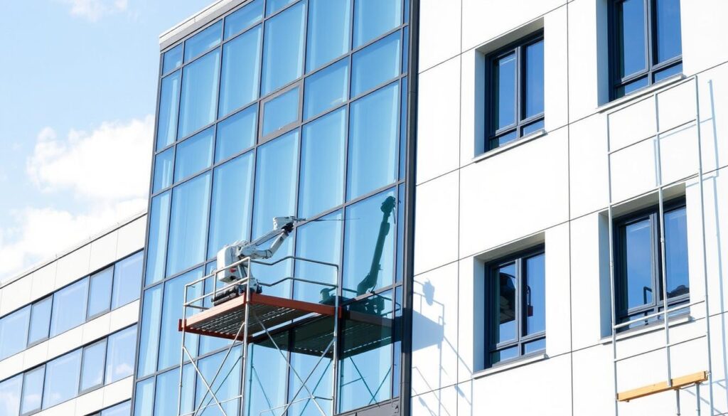 Generate an image of a building facade being cleaned using telescopic technology without scaffolding.