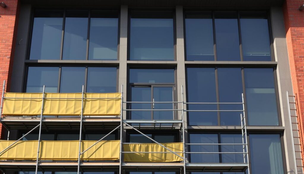 Generieren Sie ein Bild von einer sauberen Fassade ohne Gerüst