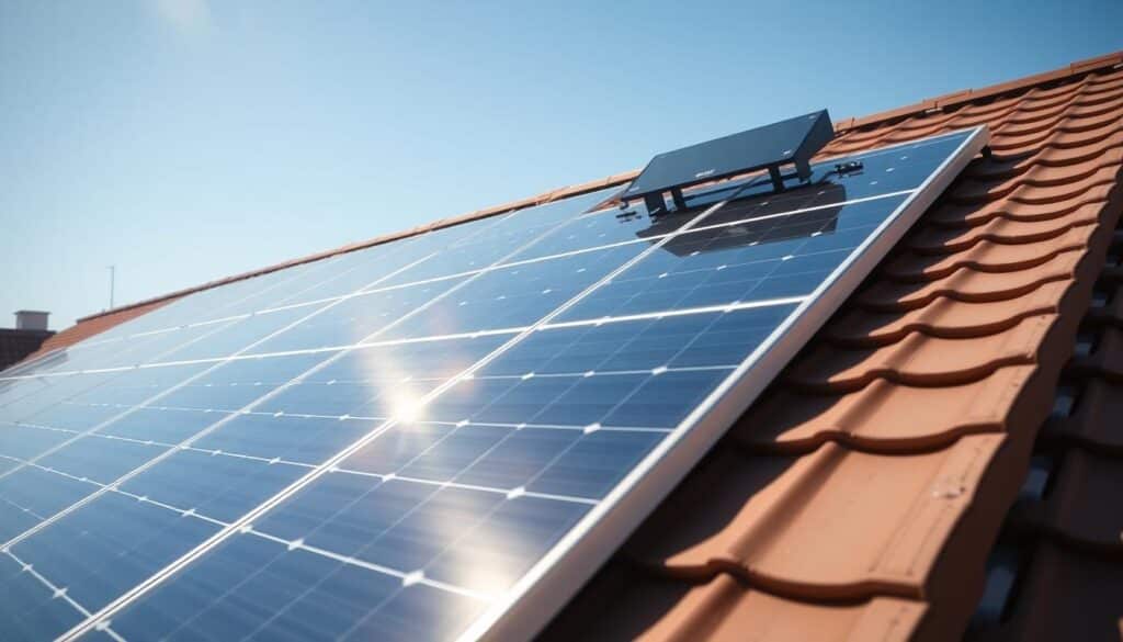 Generieren Sie ein Bild von sauberen Solaranlagen auf einem Dach