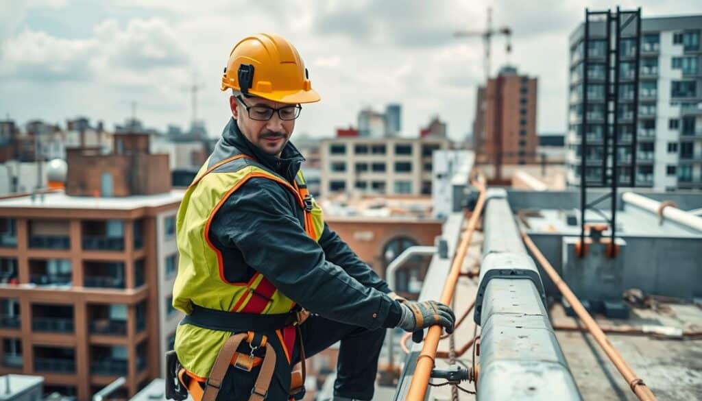 Image: Arbeiter auf einem Dach mit Sicherheitsausrüstung