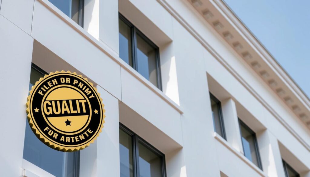 Image of a clean facade with a guarantee stamp