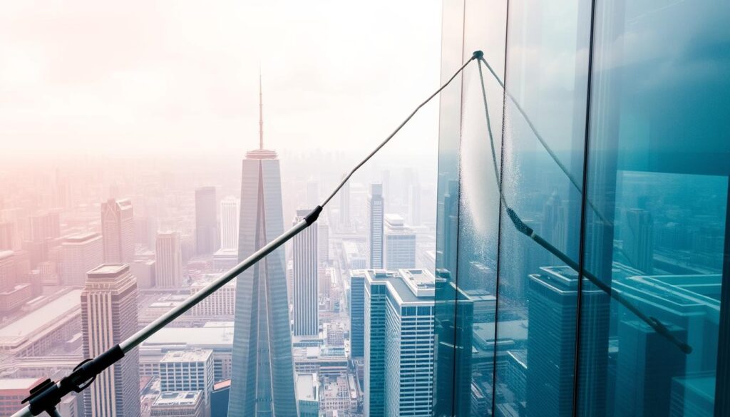 Image of a person using a telescopic lance to clean a high-rise building facade.