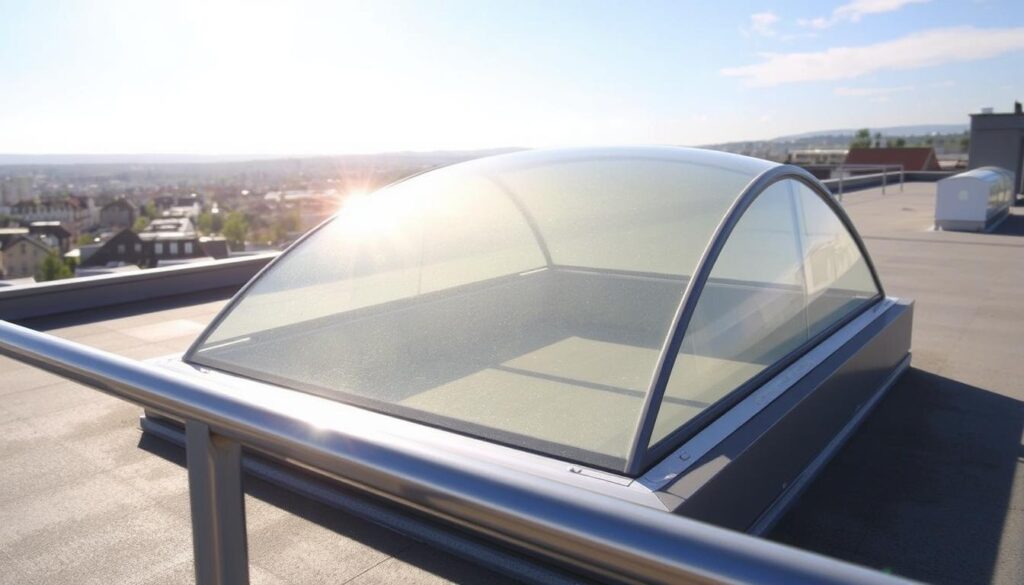 Oberlichter Sicherheit: A TRODATEC roof skylight with a transparent glass dome, casting a warm, diffused glow over the scene. In the foreground, a sturdy metal railing provides secure access, while the middle ground features a well-maintained, flat roof surface. The background showcases a picturesque cityscape, with distant buildings and a clear, azure sky. The overall composition conveys a sense of safety and functionality, highlighting TRODATEC's commitment to rooftop protection.