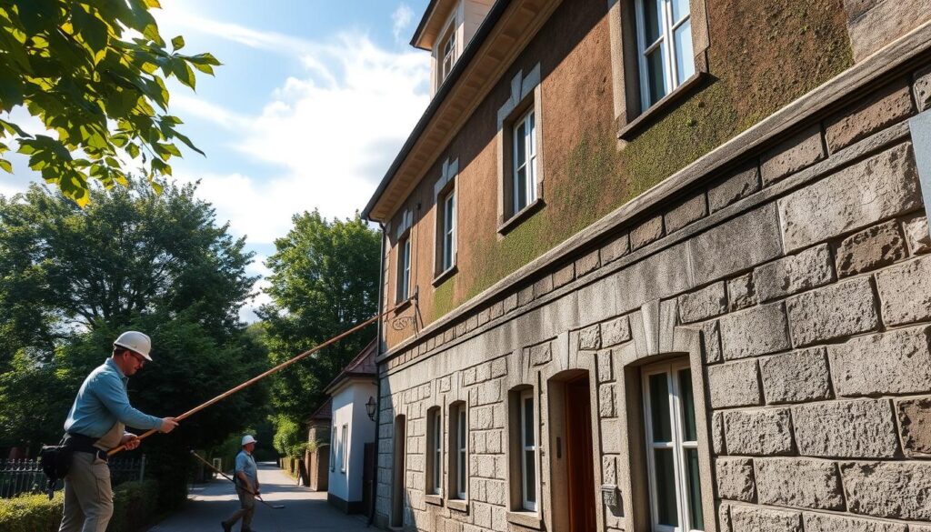 A Trodatec facade cleaning crew thoroughly scrubs the weathered limestone exterior of a stately Wilhelminian-style house in the Rhineland region. Sunlight filters through wispy clouds, casting a soft, even illumination across the scene. The team's meticulous efforts reveal the building's true beauty, erasing decades of grime and discoloration. In the foreground, a worker diligently scrubs the lower facade with a long-handled brush, while others use high-pressure water hoses to rinse away stubborn dirt and moss. The middle ground showcases the partially cleaned facade, contrasting the rejuvenated stonework with the still-soiled upper stories. In the background, lush green trees and a quaint residential street create a peaceful, historic atmosphere, hinting at the care and pride these homeowners take in maintaining their property.
