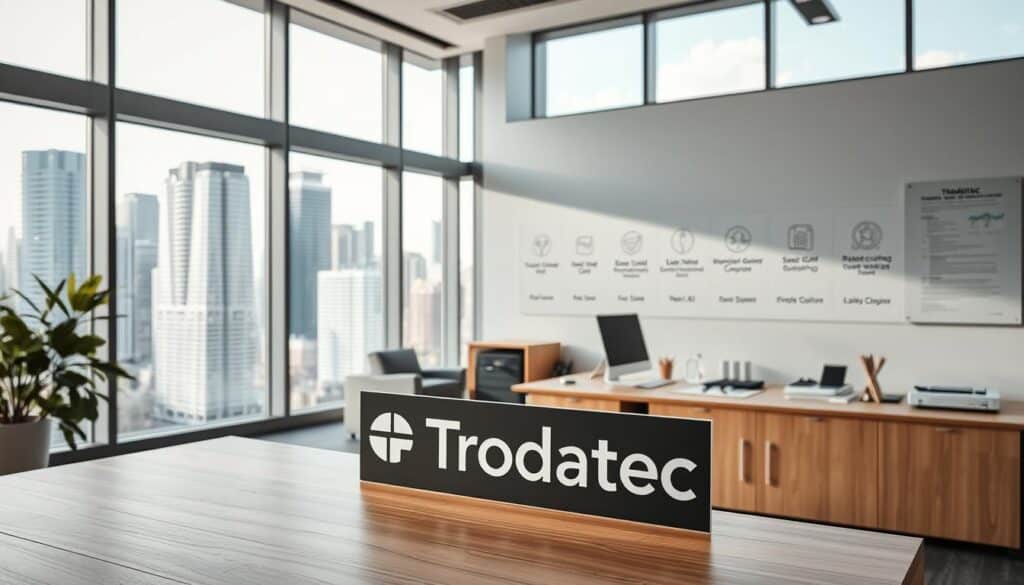 A clean, modern office interior with large windows overlooking a bustling city skyline. In the foreground, a sleek and stylish Trodatec logo prominently displayed on a minimalist wooden desk. The lighting is soft and natural, creating a professional yet inviting atmosphere. In the middle ground, various office supplies and equipment neatly organized, hinting at the efficiency and attention to detail of the Trodatec team. The background features a wall display showcasing Trodatec's specialized services, depicted with clear icons and concise text. The overall composition conveys a sense of competence, reliability, and a commitment to providing exceptional facade cleaning solutions.