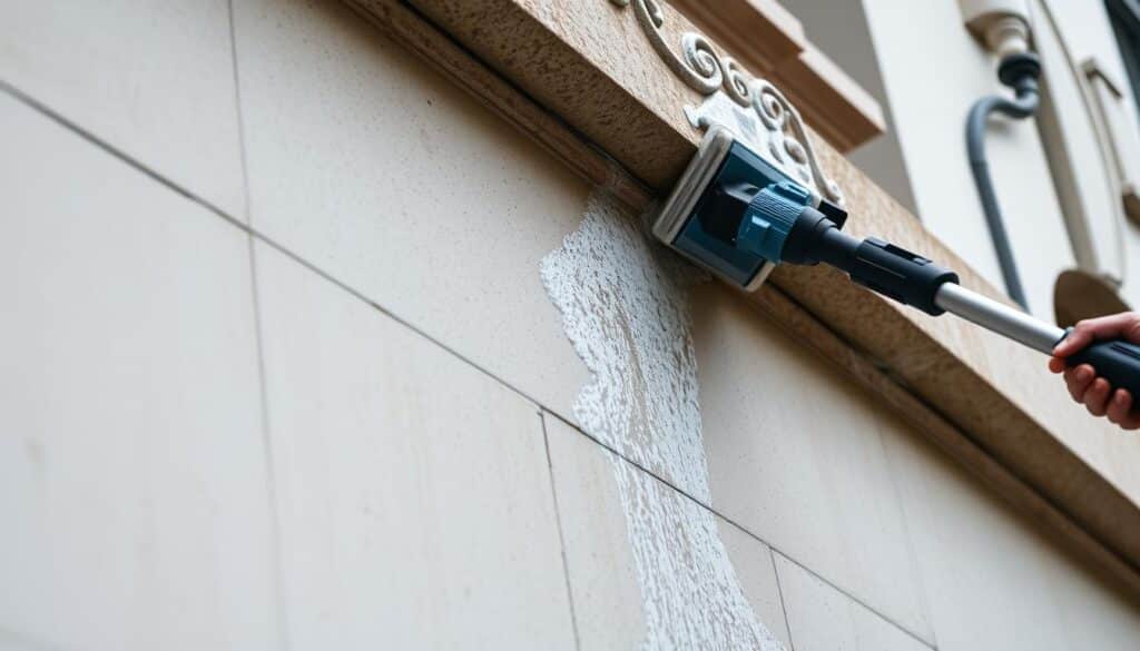 A close-up view of a building's facade undergoing a gentle, thorough cleaning process. The scene depicts the Trodatec cleaning crew meticulously wiping down the surface, removing dirt and grime with specialized equipment. Soft, diffused lighting illuminates the intricate architectural details, highlighting the texture and color of the materials. In the background, a sense of care and precision pervades the atmosphere, as the workers methodically tend to every corner and crevice. The image conveys the Trodatec approach: a sustainable, gentle approach to revitalizing building exteriors, preserving their beauty and integrity.