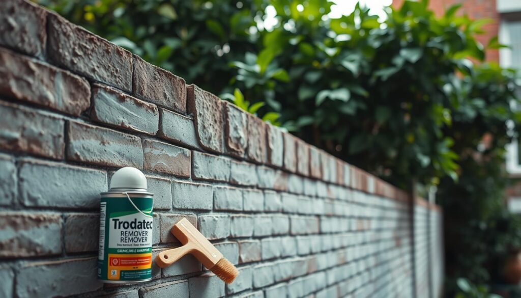 A close-up view of a clean, freshly painted brick wall, with a subtle texture and hints of the original brick pattern visible. In the foreground, a can of Trodatec graffiti remover and a brush sit on the wall, suggesting a recent cleanup effort. The lighting is soft and diffused, creating a calming, serene atmosphere. In the background, a lush, green foliage-filled scene hints at the "green solutions" theme, conveying a sense of environmental awareness and sustainability.