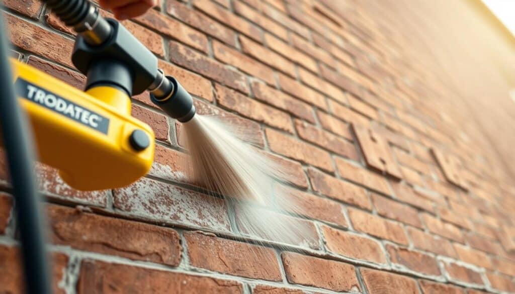 A close-up view of a sustainable brick façade cleaning process. In the foreground, a Trodatec high-pressure cleaning device gently removes dirt and grime from the textured surface, revealing the warm hues of the natural brick. The mid-ground features a worker in protective gear, carefully maneuvering the device to ensure an even, thorough clean. The background depicts the façade in its entirety, showcasing the long-lasting, durable beauty of the material after a meticulous, eco-friendly maintenance routine. Soft, diffused natural lighting casts a serene, calming atmosphere over the scene, emphasizing the sustainable approach to façade preservation.
