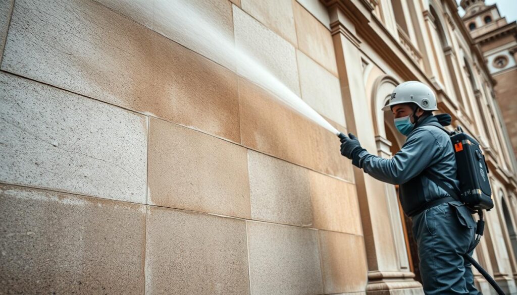 A detailed close-up of stone cleaning in progress, showcased in a crisp, high-resolution photograph. In the foreground, a worker dressed in protective gear skillfully operates a specialized Trodatec cleaning device, its powerful yet controlled jet of water effortlessly removing grime and discoloration from the weathered stone surface. The middle ground reveals the gradual transformation, with patches of clean, revitalized stone contrasting against the dull, stained areas waiting to be treated. The background depicts the broader facade, a grand historical building whose architectural details are now emerging from years of neglect, ready to be restored to its former glory through the precise and environmentally-conscious Trodatec cleaning process.