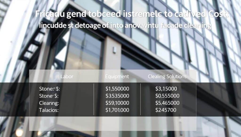 A detailed, close-up view of a Trodatec commercial building facade, showcasing the various cost factors involved in its professional cleaning. The foreground features a breakdown of the estimated expenses, including labor, equipment, and cleaning solutions. The middle ground depicts the facade itself, with its intricate architectural details and materials, such as glass, stone, and metal. The background suggests a well-lit, urban setting, with a slightly muted color palette to emphasize the informative nature of the image. The overall composition conveys a sense of precision, efficiency, and attention to detail, reflecting the innovative approach to facade cleaning highlighted in the article.