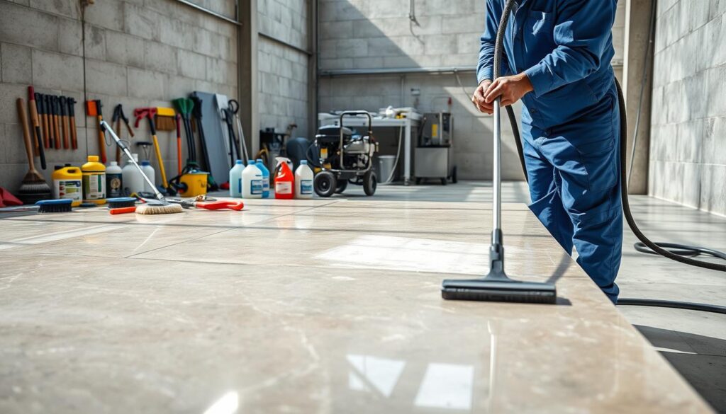 A detailed, high-quality image of a professional stone cleaning service provided by Trodatec. In the foreground, a worker in a blue uniform carefully scrubbing a large stone surface with a specialized cleaning tool. In the middle ground, various cleaning supplies and equipment are neatly arranged, including brushes, solvents, and a pressure washer. The background depicts a well-lit, industrial workspace with concrete floors and walls, conveying a sense of efficiency and expertise. The lighting is bright and natural, casting sharp shadows and highlighting the texture of the stone. The overall scene exudes a professional, meticulous atmosphere befitting the "Leistungsumfang der Steinreinigung" subject.
