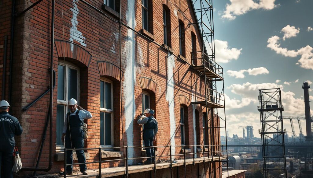 A dilapidated building facade in the heart of the Ruhr region, weathered by time and neglect. The Trodatec crew, outfitted in overalls and safety gear, meticulously scrub away the grime, restoring the structure's original grandeur. Sunlight filters through the scaffolding, casting dramatic shadows on the intricate brickwork. In the background, the industrial skyline of the Ruhrgebiet looms, a testament to the region's storied past. The scene conveys a sense of revitalization and pride, as the Trodatec team breathes new life into this architectural gem, transforming it into a shining emblem of the area's resilience.