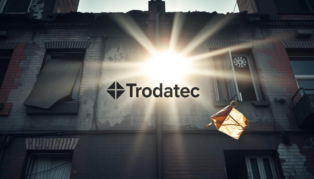 A dilapidated city facade, weathered and worn by years of grime and pollution. Soot-stained bricks and crumbling mortar, chipped and discolored from acid rain and airborne toxins. Trodatec's logo stands out, a beacon amidst the urban decay. Sunlight filters through hazy skies, casting a somber, muted glow over the scene. In the foreground, a discarded piece of litter drifts on the wind, a symbol of the environmental degradation. The overall atmosphere conveys the damaging effects of air pollution on architectural integrity and the need for protective solutions like those offered by Trodatec.