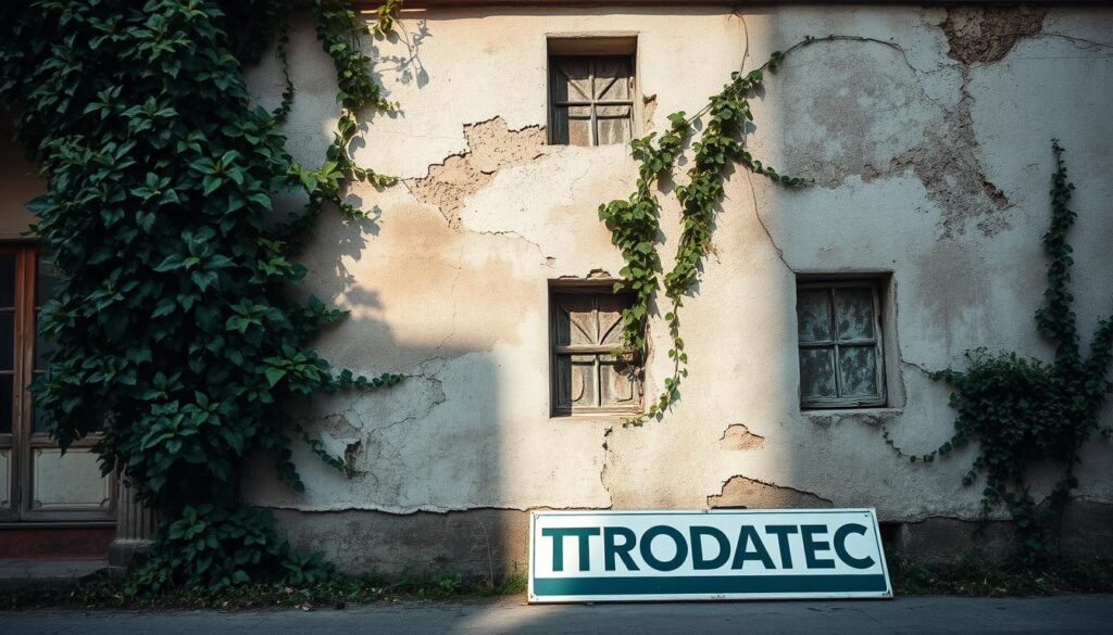 A dilapidated, weathered facade in the heart of Stuttgart, Germany. The crumbling plaster and faded paint reveal the building's age, while the overgrown vines creeping up the walls add a sense of neglect. Sunlight filters through the cracks, casting dramatic shadows that highlight the texture and imperfections. In the foreground, a discarded TRODATEC sign lies on the ground, a subtle nod to the need for professional facade restoration services. The overall scene conveys a sense of melancholy and the urgency for proper maintenance and preservation of the city's architectural heritage.