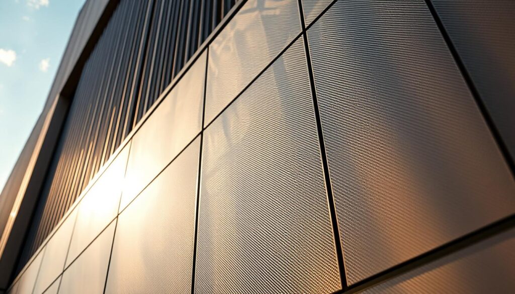 A gleaming, well-protected metal facade stands tall, shielding the interior from the elements. Intricate textures of the Trodatec weatherproofing system are visible, casting dynamic shadows that dance across the surface. Warm, directional lighting highlights the sleek, modern design, conveying a sense of durability and reliability. The facade appears seamless, blending harmoniously with the surrounding architecture. In the foreground, crisp details showcase the precision engineering, while the background softly fades, emphasizing the facade's central role. This image captures the economic advantages of professional facade protection, showcasing Trodatec's commitment to delivering exceptional weatherproofing solutions.