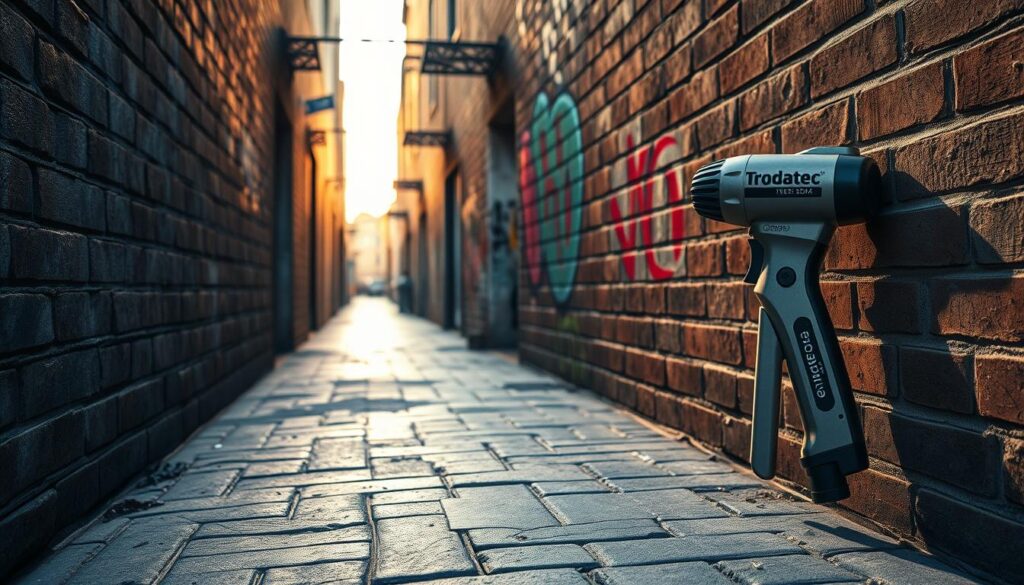 A graffiti-covered brick wall in a gritty urban alley, bathed in warm evening light and shadows. In the foreground, a Trodatec graffiti removal tool stands ready, its sleek metallic body and ergonomic design suggesting a professional-grade solution. The middle ground reveals the results of its use - the wall's surface is now clean and restored, the brick texture and original color visible once more. In the background, the alley stretches out, hinting at the broader challenge of maintaining the city's infrastructure against constant vandalism. An air of determined, no-nonsense professionalism pervades the scene, complemented by a touch of urban grit.