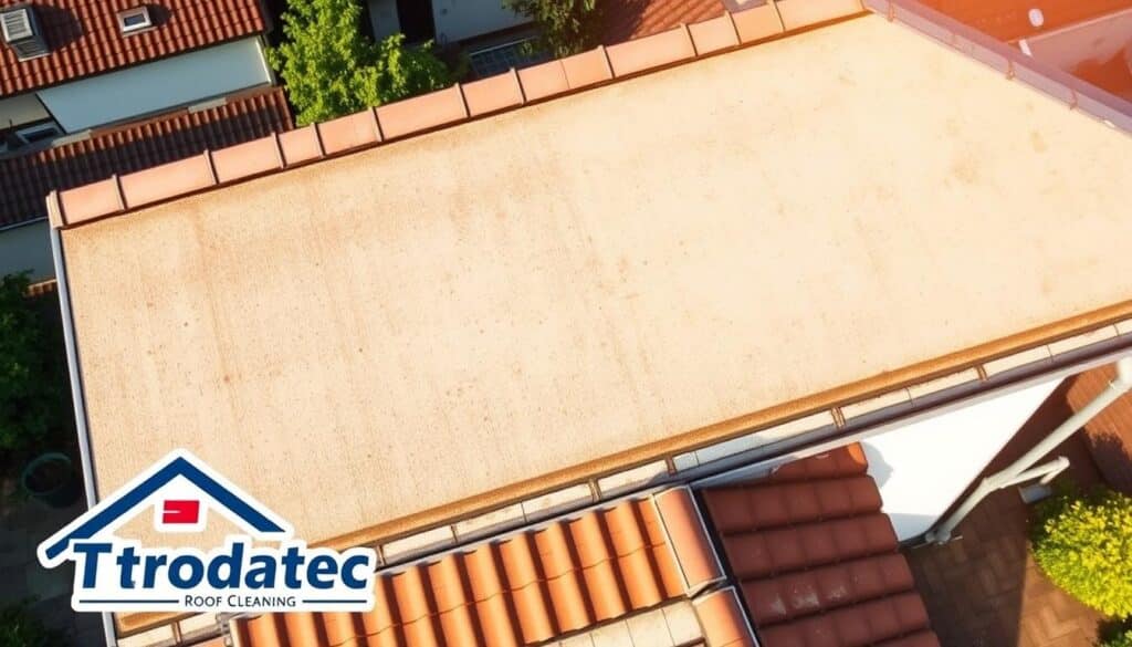 A high-angle view of a well-maintained residential rooftop in Frankfurt, Germany. The roof is spotless, with a clean, even surface and no visible debris or discoloration. The tiles have a fresh, vibrant appearance, and the gutter system is clear and unobstructed. The scene is bathed in warm, natural light, creating a sense of cleanliness and care. In the foreground, a Trodatec logo signifies the professional roof cleaning service that has meticulously restored the property. The overall impression conveys the value and pride of homeownership, with the pristine roof reflecting the attention to detail and investment in the property's longevity.