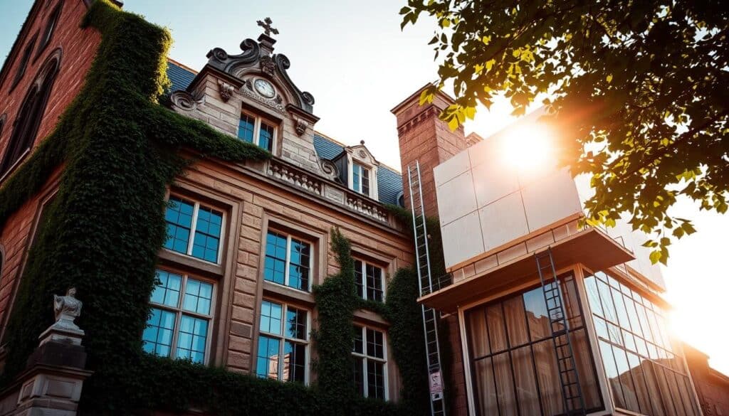 A historic building with weathered stone façade, partially covered in ivy, stands in a sunlit urban landscape. The structure's roofline is adorned with ornate architectural details. In the foreground, modern windows and insulation panels are being installed, seamlessly blending old and new. Trodatec's energy-efficient technology is being used to optimize the building's thermal performance while preserving its historic character. Warm, golden light filters through the scene, evoking a sense of timeless charm and progress. The composition balances the juxtaposition of vintage and contemporary elements, showcasing the sensitive restoration of this historic landmark.