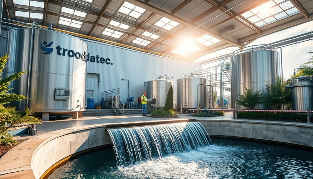 A large, modern water treatment facility with shiny metal tanks, pipes, and equipment. The Trodatec logo prominently displayed on the side of the main building. Sunlight streaming in through skylights, casting a warm glow over the scene. Technicians in protective gear diligently monitoring the purification process. In the foreground, a clear, sparkling flow of water cascades into a holding pool. Lush greenery and landscaping surround the facility, conveying a sense of environmental sustainability. The overall impression is one of advanced, efficient, and eco-friendly water treatment.