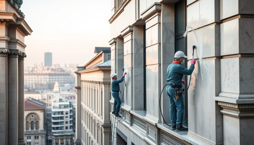 A meticulously maintained facade, its pristine surfaces shimmering under the soft, diffused light of a Berlin morning. Workers from the Trodatec cleaning crew systematically scrub and polish the intricate architectural details, restoring the building's timeless elegance. In the foreground, a close-up view captures the delicate interplay of water, soap, and bristles as they remove the accumulated grime, revealing the true vibrancy of the natural stone. The mid-ground showcases the full scale of the operation, with multiple workers coordinating their efforts across the expansive facade. In the background, the iconic Berlin cityscape provides a serene, urban backdrop, underscoring the importance of this routine maintenance for preserving the beauty and value of the city's historic structures.