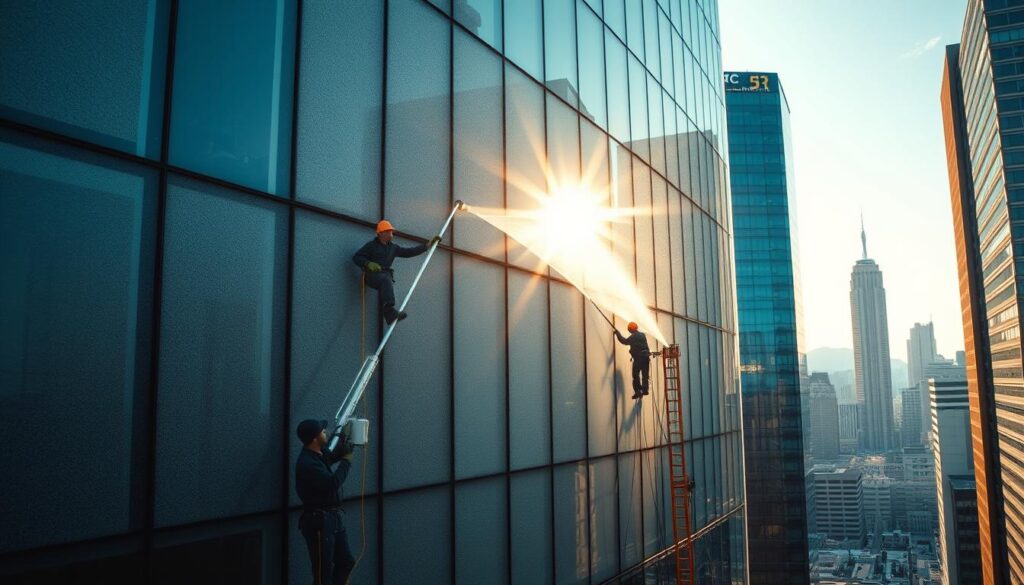 A modern high-rise building with a sleek, glass facade stands in the heart of a bustling city. The facade is covered in a fine layer of grime and dust, obscuring the gleaming surface. In the foreground, a team of professional cleaners from Trodatec, equipped with specialized equipment, is carefully washing the facade, restoring its pristine appearance. The sunlight streams through the windows, casting warm, natural lighting across the scene. The workers move with precision, their movements choreographed to efficiently clean the various materials and textures of the facade. In the background, the city skyline is visible, a testament to the importance of maintaining the building's curb appeal. The resulting image conveys the value of professional facade cleaning, showcasing Trodatec's expertise in revitalizing commercial properties.