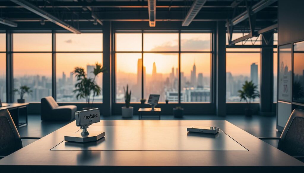A modern, industrial-style office interior with large windows and minimalist furniture. In the foreground, a stylized, chrome-accented desk with a sleek, angular design, upon which sits a distinctive "Trodatec" branded stamp. The middle ground features a few potted plants and a modern, task-oriented lamp, while the background showcases a panoramic city skyline visible through the windows, bathed in warm, golden-hour lighting. The overall mood is one of innovative professionalism and technological sophistication.