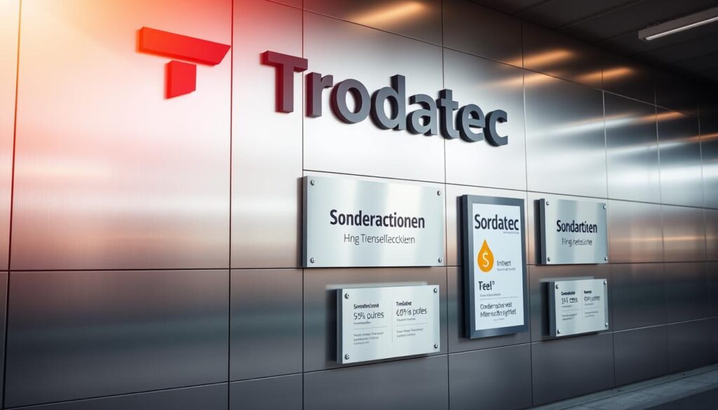 A modern, minimalist metallic facade with a bold, eye-catching Trodatec logo prominently displayed. In the foreground, sleek metal panels in shades of silver and gunmetal grey catch the light, creating a visually striking and professional appearance. The middle ground features several metal signage displays showcasing various "Sonderaktionen" or special offers, utilizing a clean, sans-serif typography that complements the industrial aesthetic. In the background, a subtle gradient of warm and cool tones evokes a sense of sophistication and attention to detail. The overall scene is bathed in a soft, directional lighting that accentuates the textures and highlights the metallic surfaces, creating a polished, high-end impression.