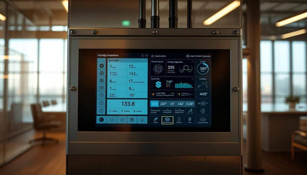 A modern, sleek control panel with a large touchscreen display, surrounded by a minimalist, industrial-style frame in silver and black. The panel features an intuitive user interface with customizable settings, real-time energy consumption data, and automated control options for optimal efficiency. Strategically placed sensors and smart algorithms work in harmony to optimize lighting levels, temperature, and other building systems, all seamlessly integrated with the Trodatec platform. The scene is bathed in a warm, ambient glow, creating a sophisticated and futuristic atmosphere.
