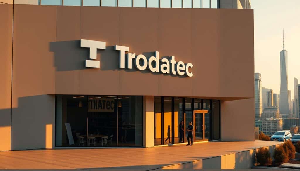 A modern, sleek office building with large windows and a minimalist design, situated in a vibrant urban landscape. The Trodatec logo is prominently displayed on the facade, conveying a sense of professionalism and nationwide coverage. The building is bathed in warm, directional lighting, casting long shadows and highlighting the clean lines of the architecture. In the foreground, people are visible through the windows, suggesting a bustling, productive atmosphere. The background features a cityscape with towering skyscrapers, communicating the idea of a comprehensive, regions-spanning service.
