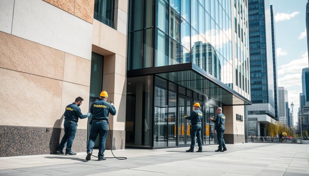 A modern, well-maintained facade stands in the city, illuminated by natural daylight. The surface is composed of various materials - stone, concrete, and glass - each requiring specialized cleaning techniques. In the foreground, a team of Trodatec professionals utilizes innovative methods, such as high-pressure washing and chemical treatments, to meticulously remove dirt, grime, and environmental stains. The middle ground showcases the facade's transformed appearance, gleaming and revitalized. In the background, the cityscape provides a contextual backdrop, hinting at the importance of presenting a pristine, professional image to the public. The overall atmosphere conveys a sense of expertise, efficiency, and environmental responsibility.