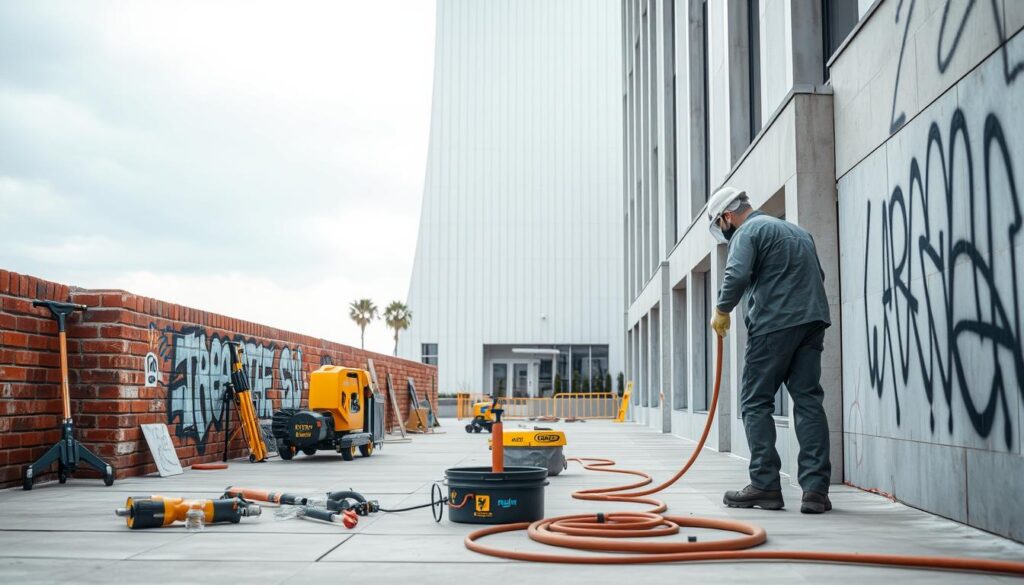 A neatly organized construction site showcasing the Trodatec graffiti removal process. In the foreground, a worker in protective gear carefully scrubs a brick wall, removing unsightly graffiti. The middle ground features various graffiti removal tools and equipment, highlighting the professional-grade nature of the service. In the background, a sleek, modern building facade stands tall, its pristine condition a testament to the effectiveness of Trodatec's techniques. Soft, diffused lighting casts an aura of efficiency and attention to detail, conveying the cost-effective and high-quality nature of the graffiti removal service.