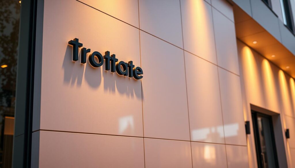 A pristine, modern facade adorned with the Trodatec logo, bathed in warm, directional lighting that accentuates the sleek, textured surfaces. In the foreground, a smooth, glossy finish reflects the surrounding environment, while the middle ground showcases a durable, self-cleaning coating that repels dirt and grime. The background features a clean, minimalist architectural design, emphasizing the long-lasting protection and maintenance-free properties of the Trodatec facade solution. The overall scene conveys a sense of sophistication, durability, and timeless elegance, perfectly suited to illustrate the "Langzeitschutz für Ihre Fassade" section of the article.