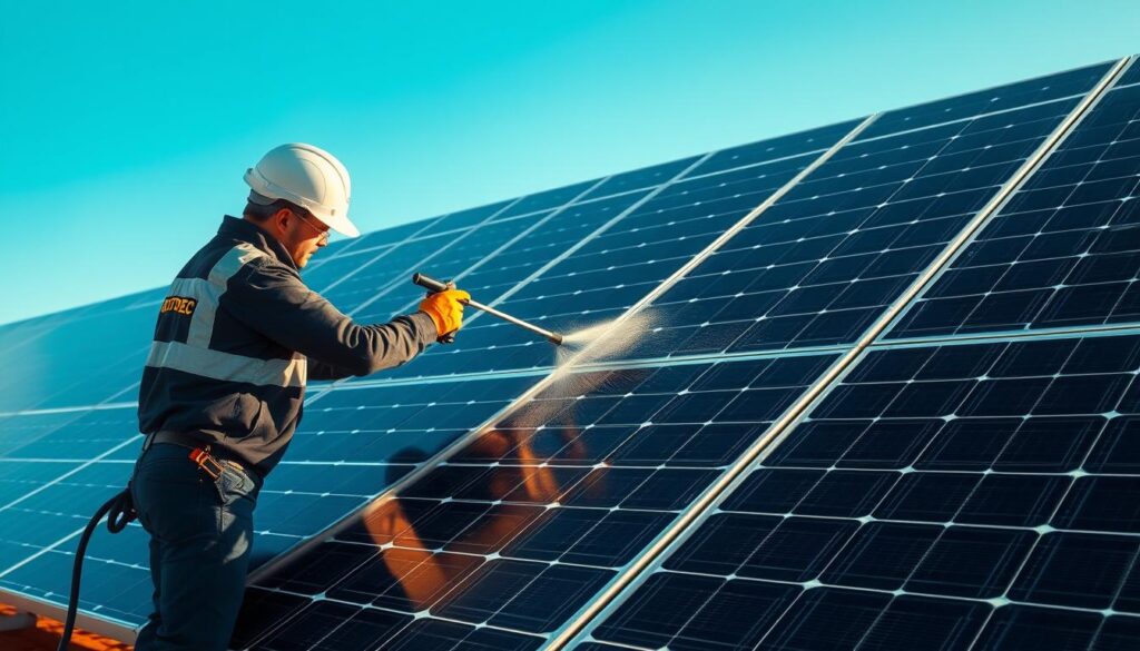 A pristine solar array stands against a backdrop of a clear blue sky, its sleek panels glistening in the warm sunlight. In the foreground, a worker from the Trodatec company carefully cleans the solar panels, using specialized tools and techniques to remove any accumulated dust, debris, or grime. The scene conveys a sense of diligence and attention to detail, as the worker ensures the solar array operates at peak efficiency. The lighting is soft and directional, creating subtle shadows that accentuate the texture and geometry of the panels. The camera angle is slightly elevated, allowing the viewer to appreciate the scale and symmetry of the installation. The overall mood is one of tranquility and professionalism, emphasizing the importance of proper solar panel maintenance for optimal energy production.