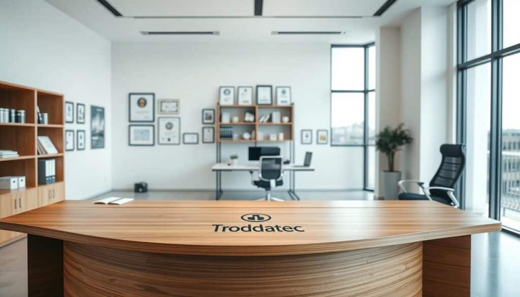 A professional, clean, modern office interior with a sleek, minimalist aesthetic. In the foreground, a large, curved wooden desk with a subtle Trodatec logo prominently displayed. Atop the desk, an array of neat, organized office supplies and a laptop computer. The middle ground features stylish, ergonomic office chairs and shelves adorned with various quality assurance certifications and awards. The background showcases floor-to-ceiling windows, allowing ample natural light to flood the space and create a bright, airy atmosphere. The overall tone is one of professionalism, attention to detail, and a commitment to excellence in quality control and product certification.